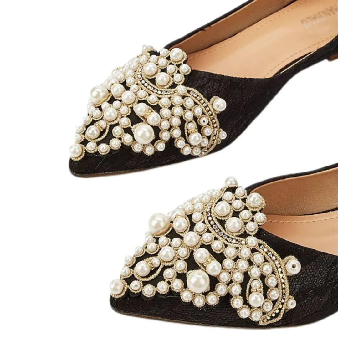 Women's Wedding Shoes Black Pointed Toe Lace Flat Heel Bridal Shoes with Pearls - Image 2