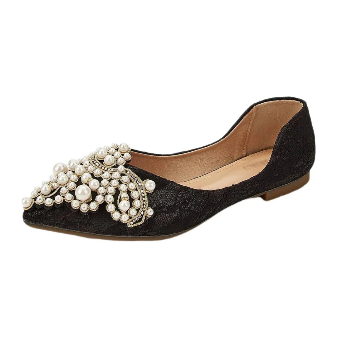 Women's Wedding Shoes Black Pointed Toe Lace Flat Heel Bridal Shoes with Pearls - Image 3