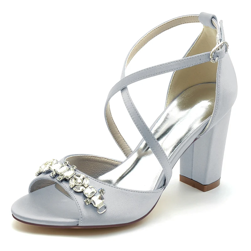 Women's Wedding Shoes Block Heel Crossed Strap Buckle Bridal Shoes with Rhinestone - Image 11