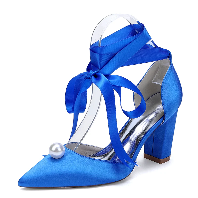 Women's Wedding Shoes Block Heel Pointed Toe Ankle Straps Bridal Shoes with Pearl - Image 5