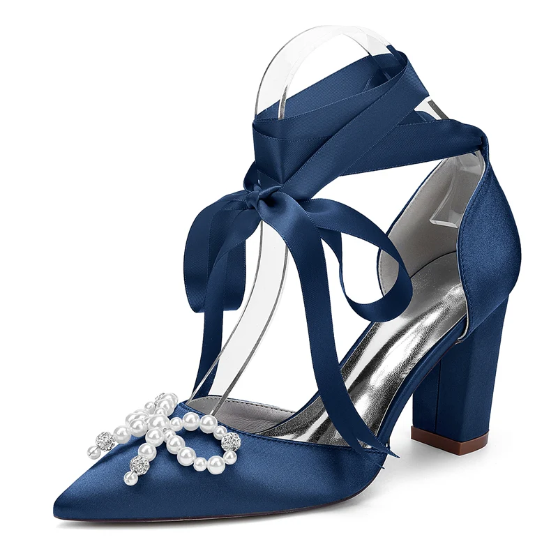 Women's Wedding Shoes Block Heel Pointed Toe Ankle Straps Bridal Shoes with Pearls & Rhinestones Bowknot - Image 7