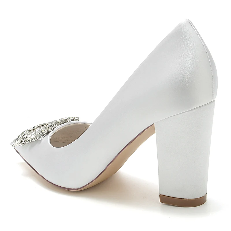 Women's Wedding Shoes Block Heel Pointed Toe Bridal Shoes with Square Rhinestones - Image 4