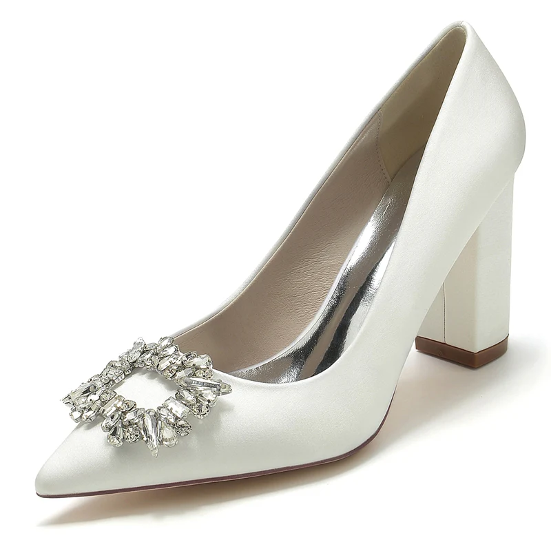 Women's Wedding Shoes Block Heel Pointed Toe Bridal Shoes with Square Rhinestones - Image 9