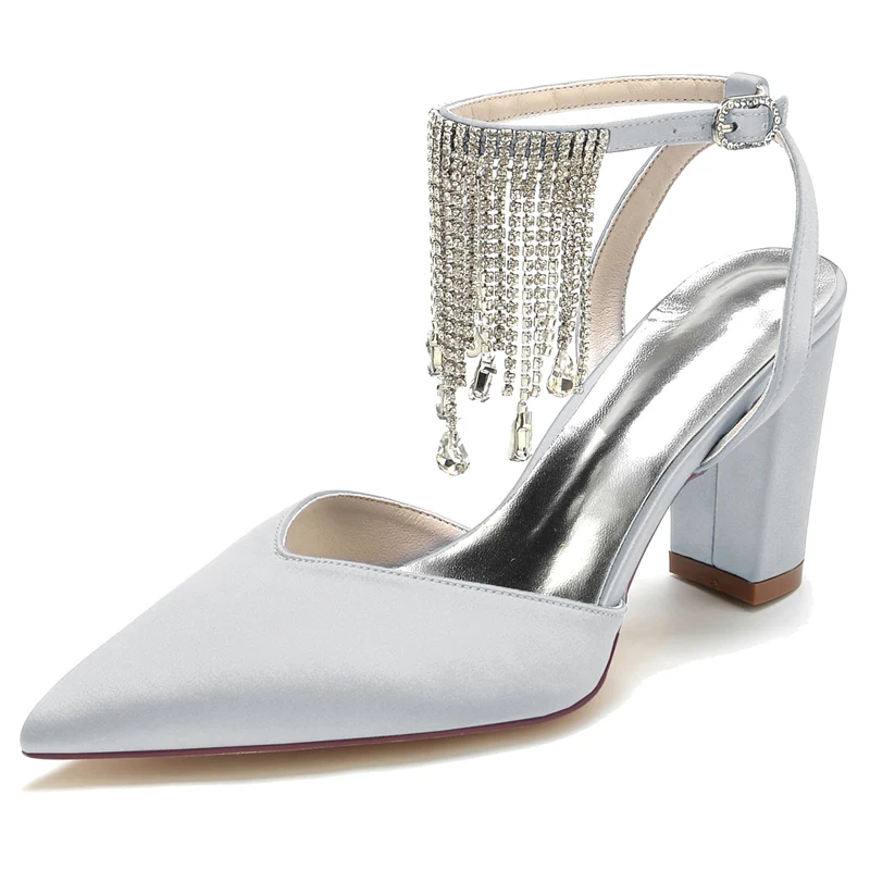 Women's Wedding Shoes Closed Toe Block Heel Buckle Bridal Shoes with Crystal & Tassels - Image 11