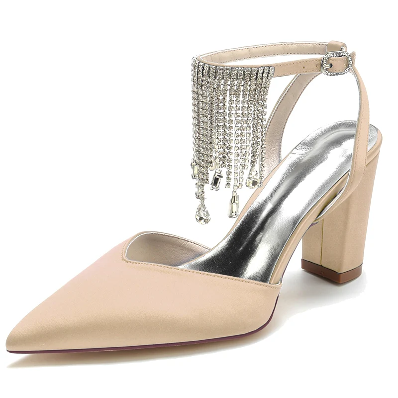 Women's Wedding Shoes Closed Toe Block Heel Buckle Bridal Shoes with Crystal & Tassels - Image 12