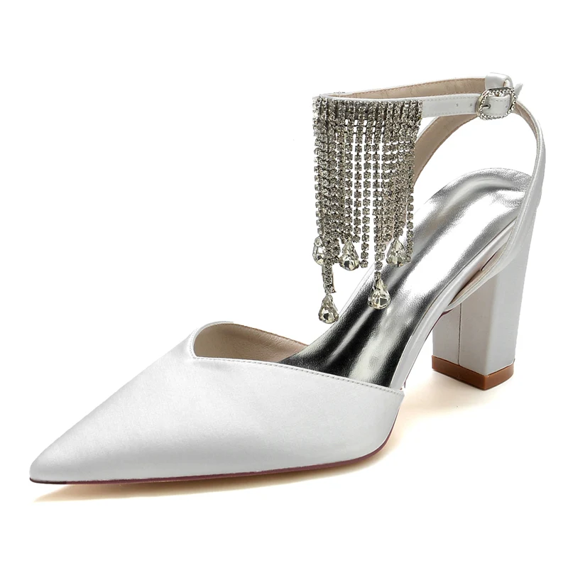 Women's Wedding Shoes Closed Toe Block Heel Buckle Bridal Shoes with Crystal & Tassels - Image 2