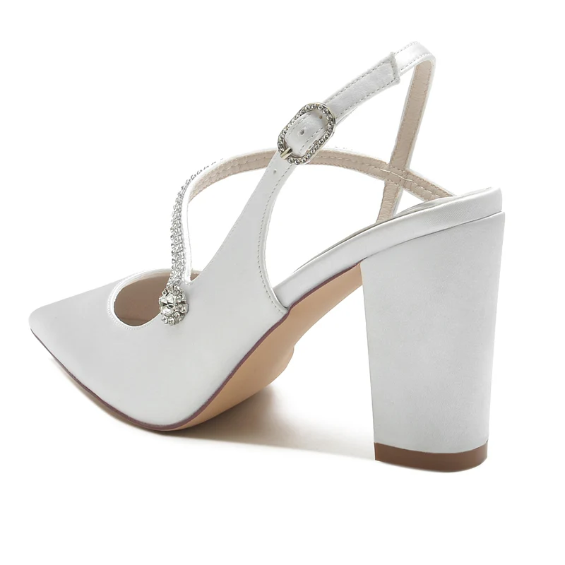 Women's Wedding Shoes Closed Toe Chunky Heel Crossed Straps Rhinestone Buckle Bridal Shoes - Image 5