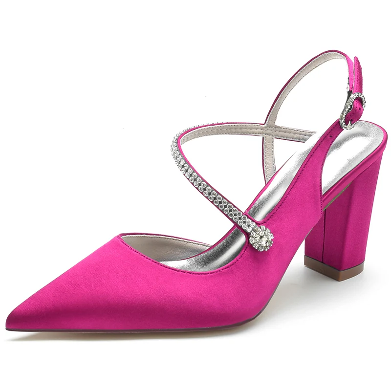 Women's Wedding Shoes Closed Toe Chunky Heel Crossed Straps Rhinestone Buckle Bridal Shoes - Image 8