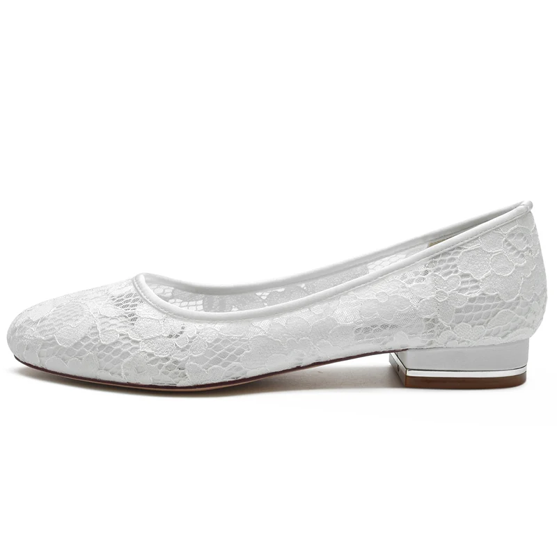 Women's Wedding Shoes Closed Toe Low Heel Lace Cutout Simple Bridal Shoes - Image 2