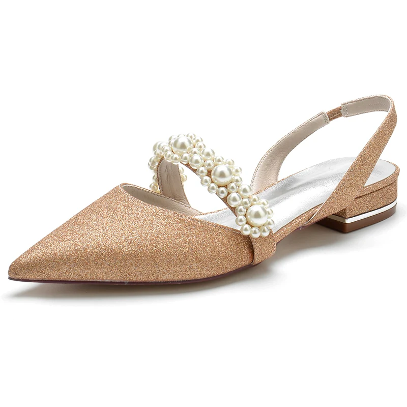 Women's Wedding Shoes Closed Toe Low Heel Sparkling Elegant Buckle Bridal Shoes with Pearls - Image 7