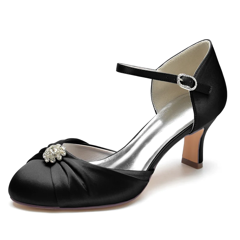 Women's Wedding Shoes Closed Toe Mid Heel Buckle Bridal Shoes with Rhinestone & Ruffles - Image 12