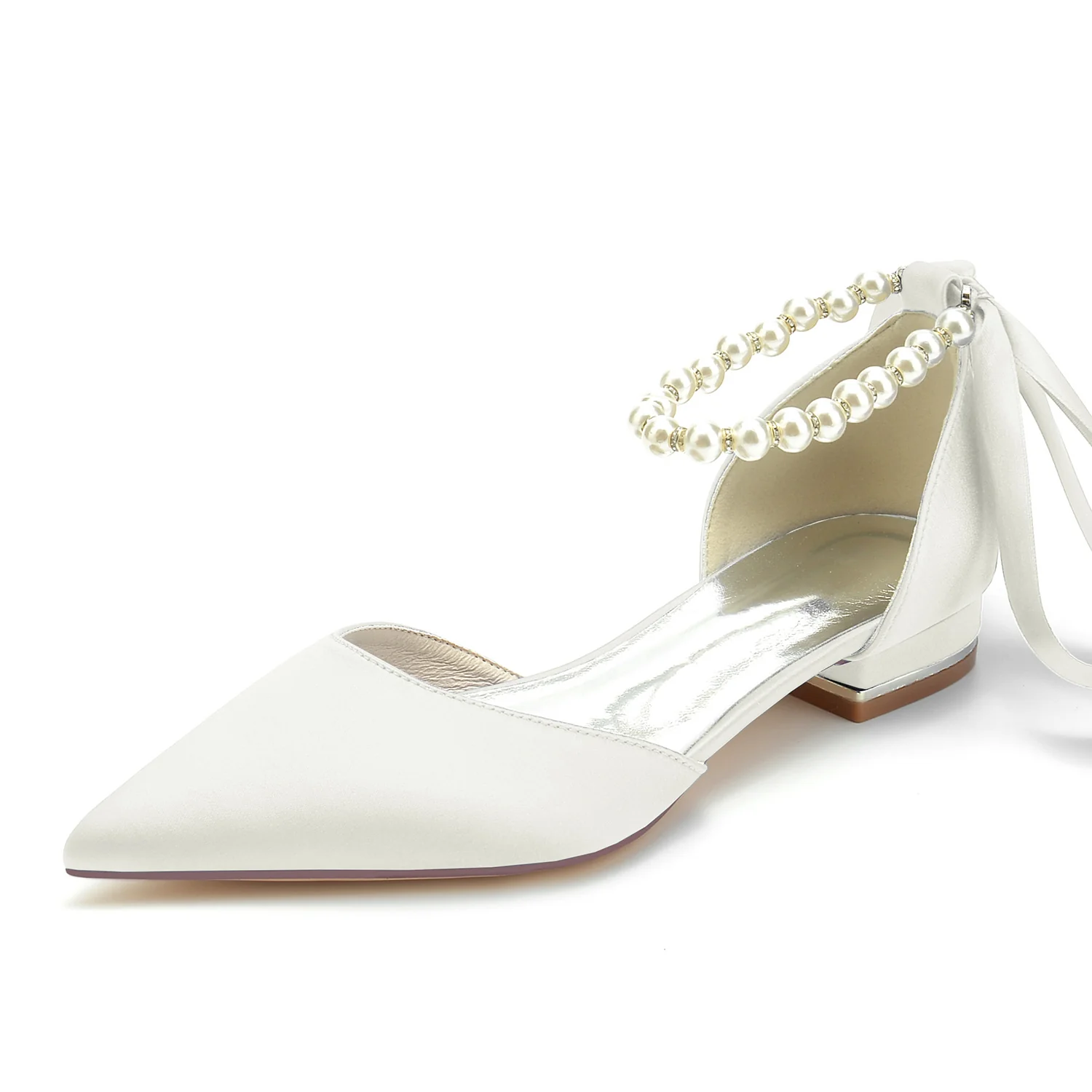 Women's Wedding Shoes Closed Toe Pearl Low Heel Silk Satin Bow Bridal Shoes - Image 12