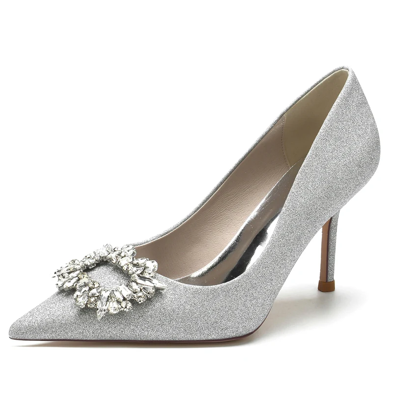 Women's Wedding Shoes Closed Toe Stiletto Heel Chic Bridal Shoes with Square Rhinestone - Image 5