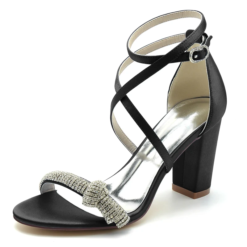 Women's Wedding Shoes Crossed Straps Block Heel Opened Toe Buckle Bridal Shoes with Crystal - Image 11