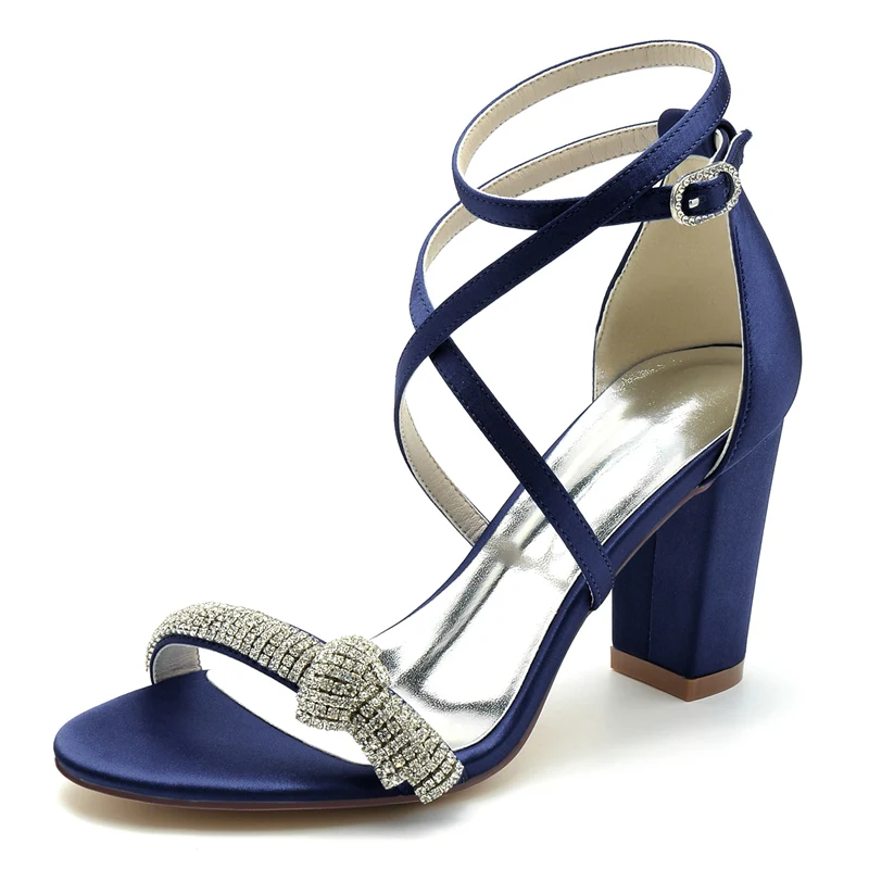 Women's Wedding Shoes Crossed Straps Block Heel Opened Toe Buckle Bridal Shoes with Crystal - Image 6