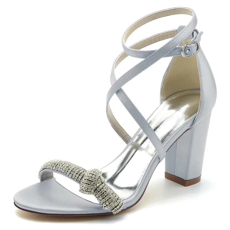 Women's Wedding Shoes Crossed Straps Block Heel Opened Toe Buckle Bridal Shoes with Crystal - Image 9