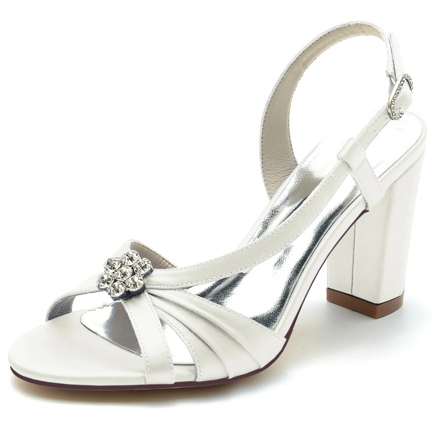 Women's Wedding Shoes Crystal Flower Peep Toe Chunky Heel Buckle Bridal Shoes - Image 7