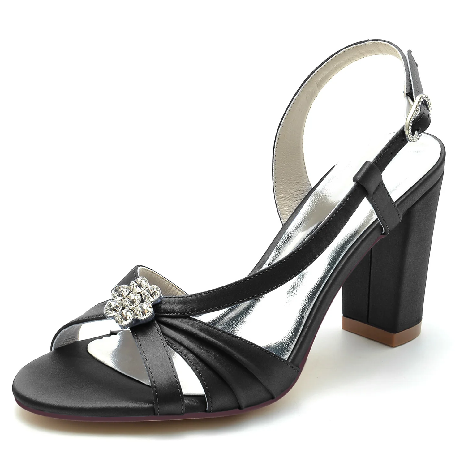 Women's Wedding Shoes Crystal Flower Peep Toe Chunky Heel Buckle Bridal Shoes - Image 9