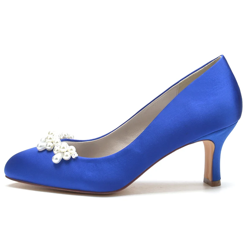 Women's Wedding Shoes Dark Blue Round Toe Delicate Pearl Elegant Bridal Shoes - Image 3