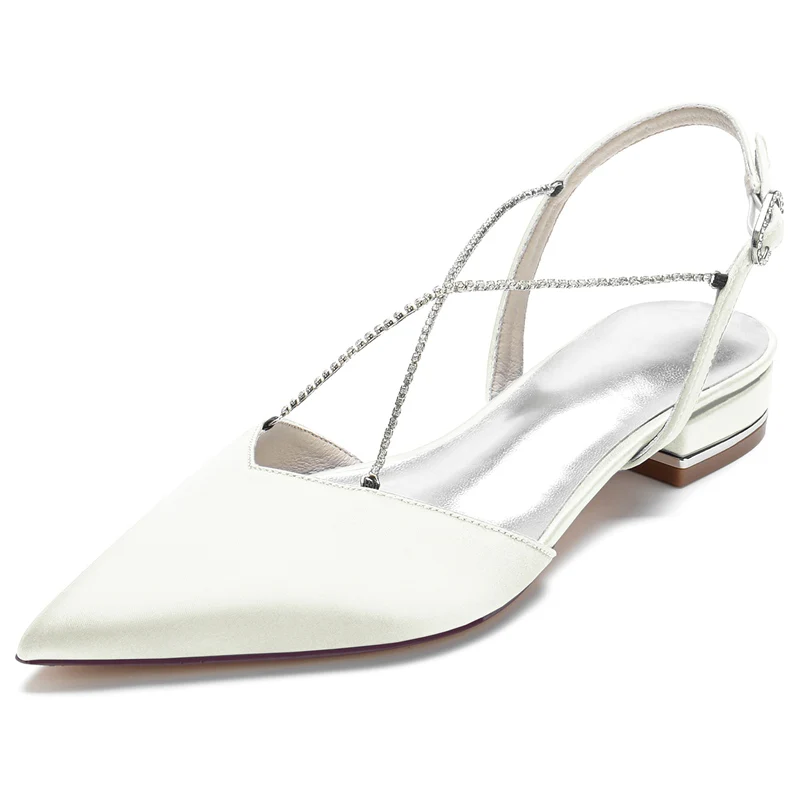 Women's Wedding Shoes Elegant Crossed Rhinestone Chain Pointed Toe Low Heel Buckle Bridal Shoes - Image 10