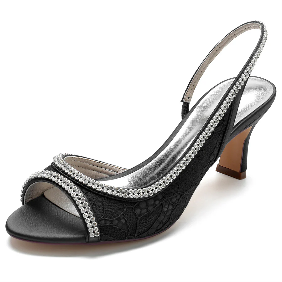 Women's Wedding Shoes Elegant Peep Toe Mid Heel Lace Bridal Shoes with Crystals - Image 6