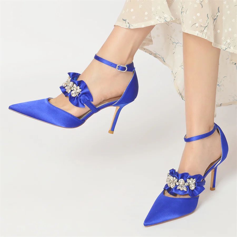 Women's Wedding Shoes Elegant Pointed Toe High Heel Bridal Shoes with Crystal Flower - Image 2