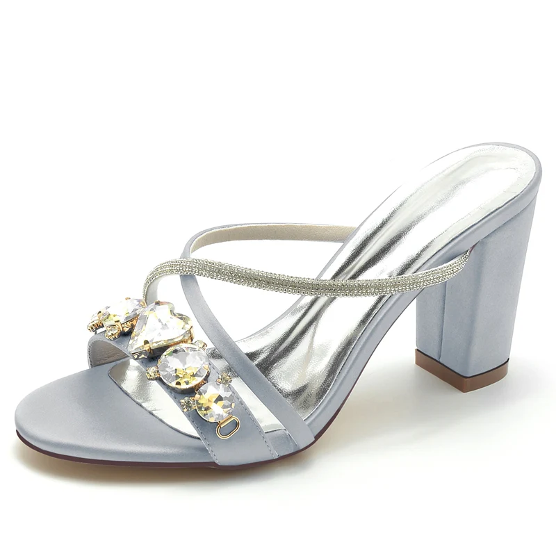 Women's Wedding Shoes Fancy Rhinestone Cross-strap Opened Toe Block Heel Slip-on Bridal Shoes