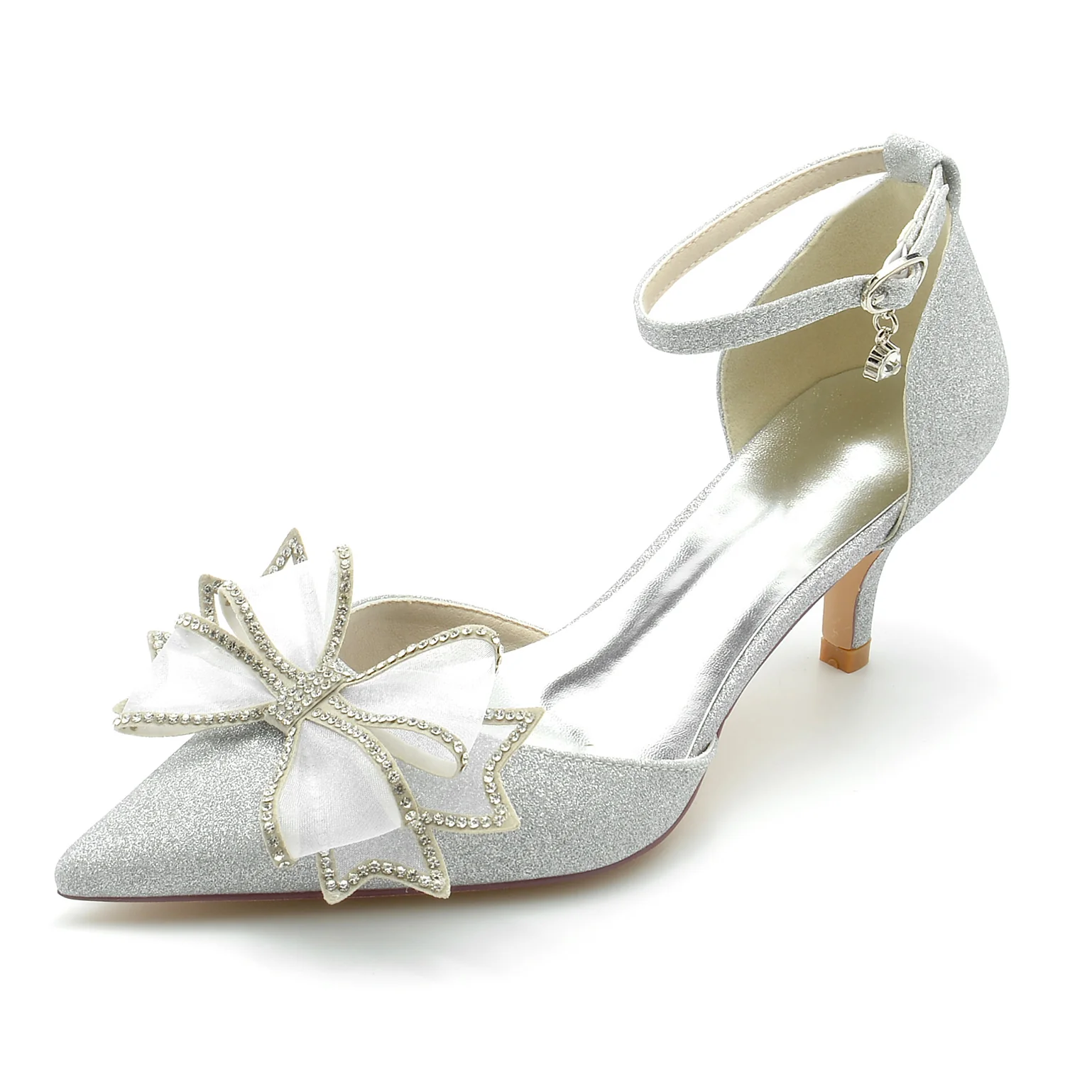 Women's Wedding Shoes Glitter Bow Mid Closed Toe Buckle Bridal Shoes - Image 6