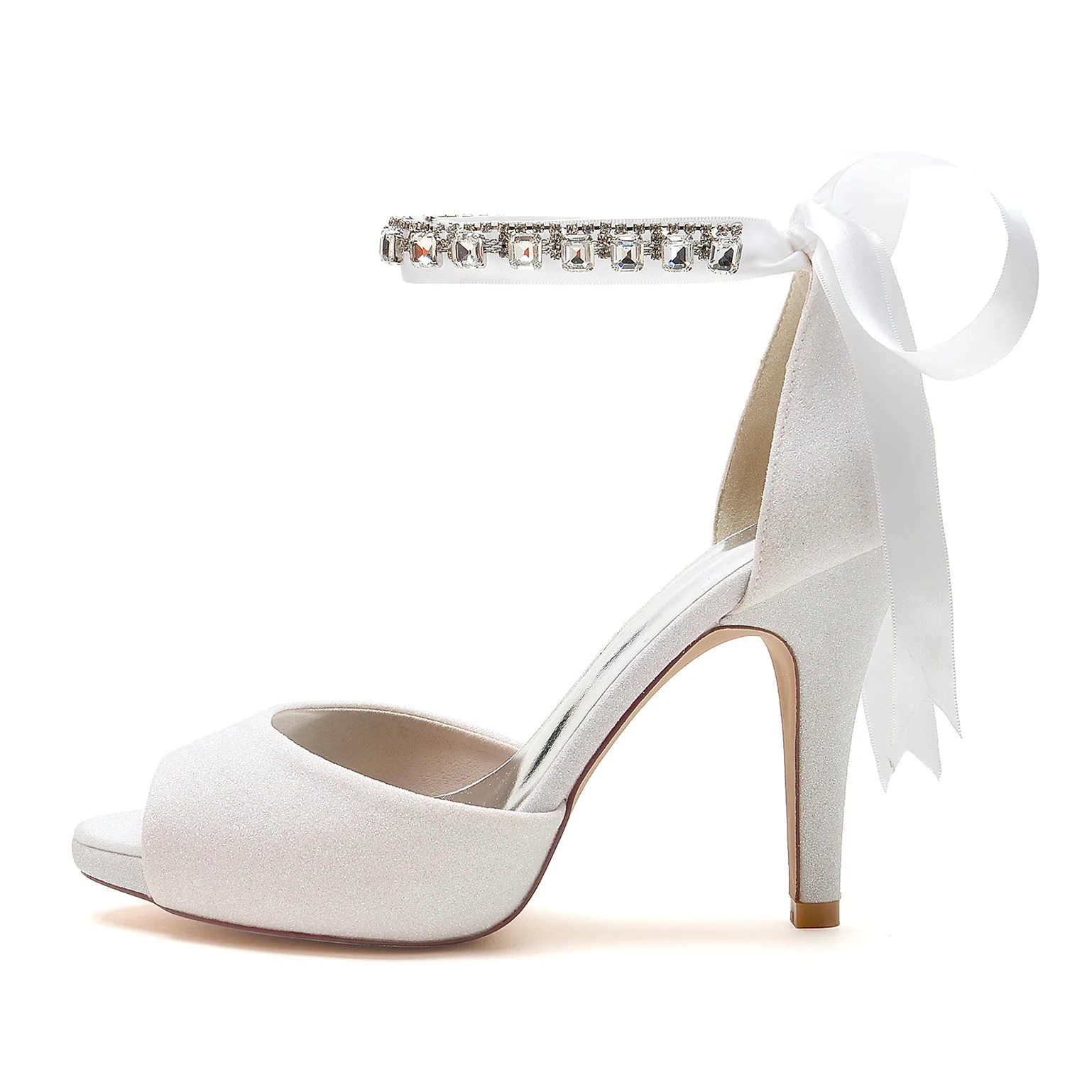 Women's Wedding Shoes Glitter Bow Peep Toe High Heel Rhinetone Buckle Bridal Shoes - Image 2