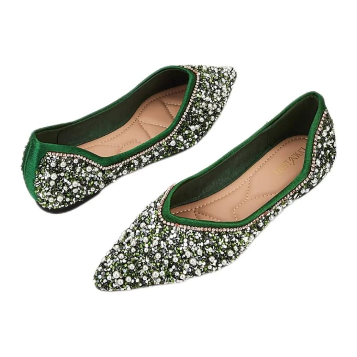 Women's Wedding Shoes Green Pointed Toe Flat Heel Bridal Shoes with Pearls - Image 4