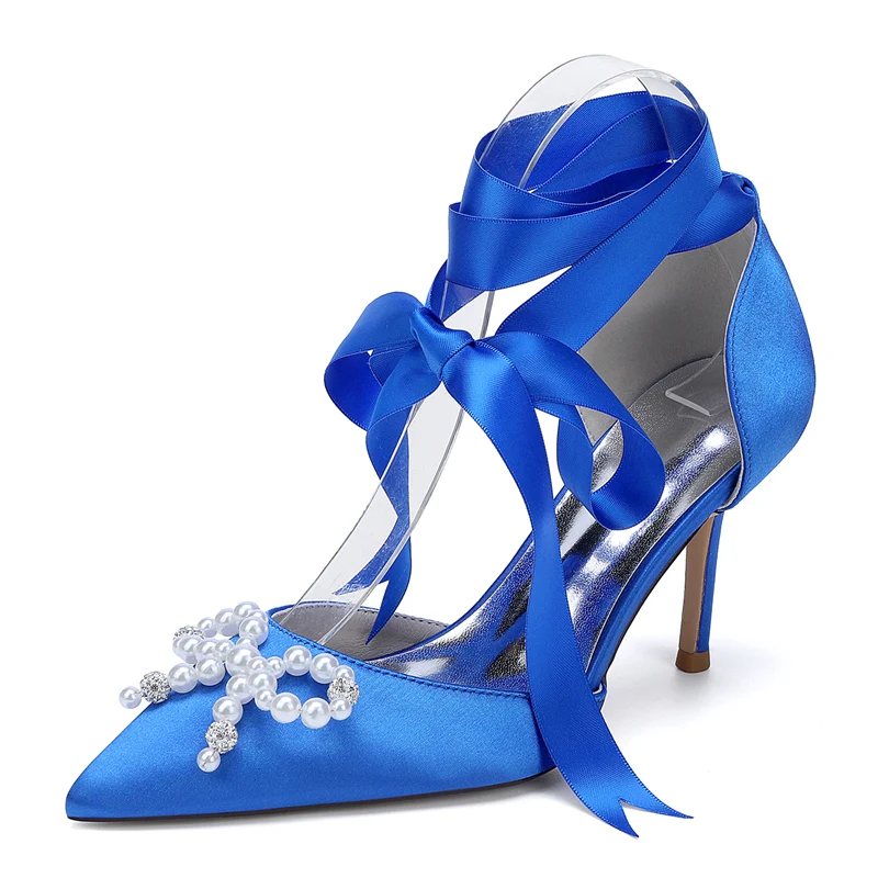 Women's Wedding Shoes High Heel Pointed Toe Ankle Straps Bridal Shoes with Fancy Pearl & Bowknot - Image 6
