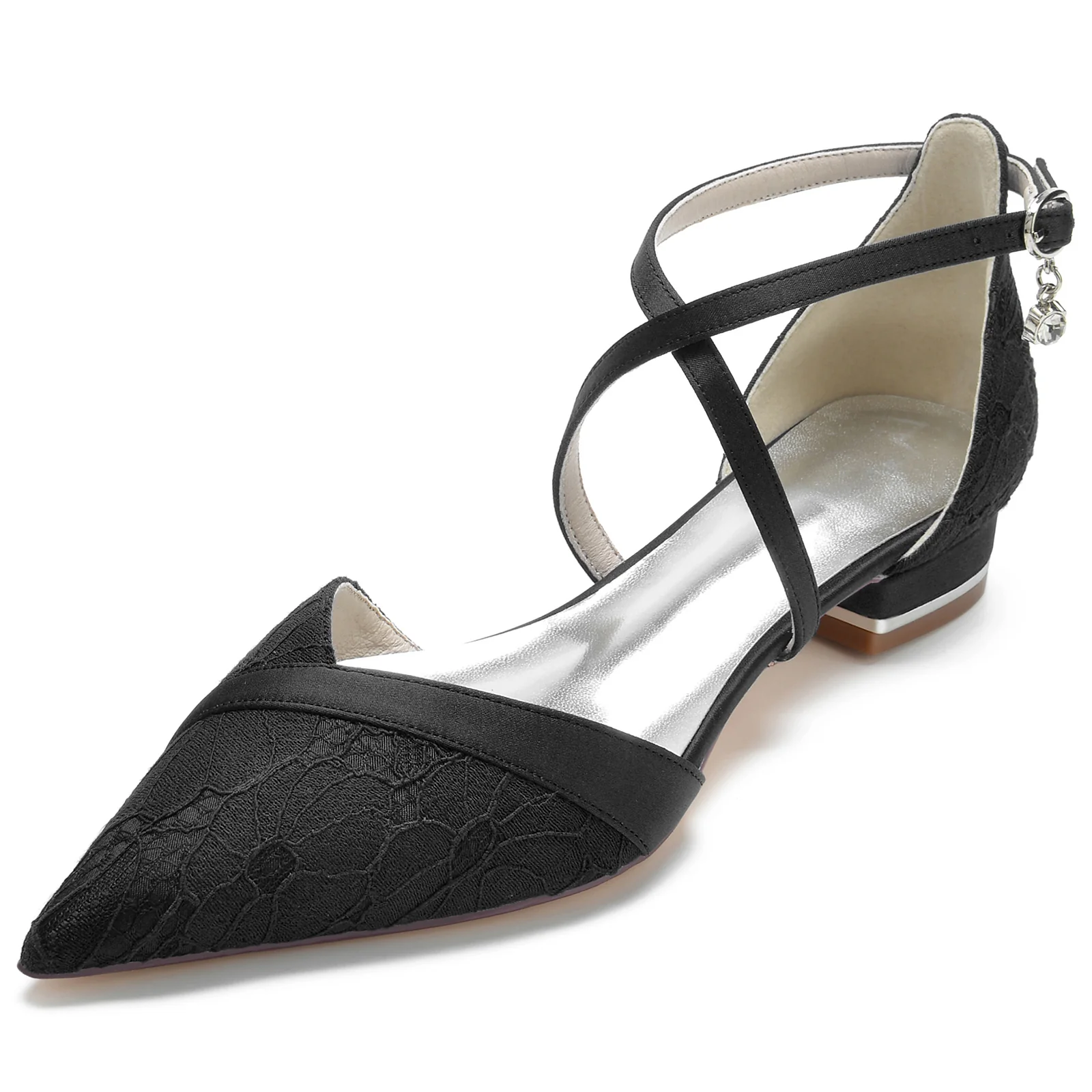 Women's Wedding Shoes Lace Low Heel Pointed Toe Crystal Ankle Strap Bridal Shoes - Image 9