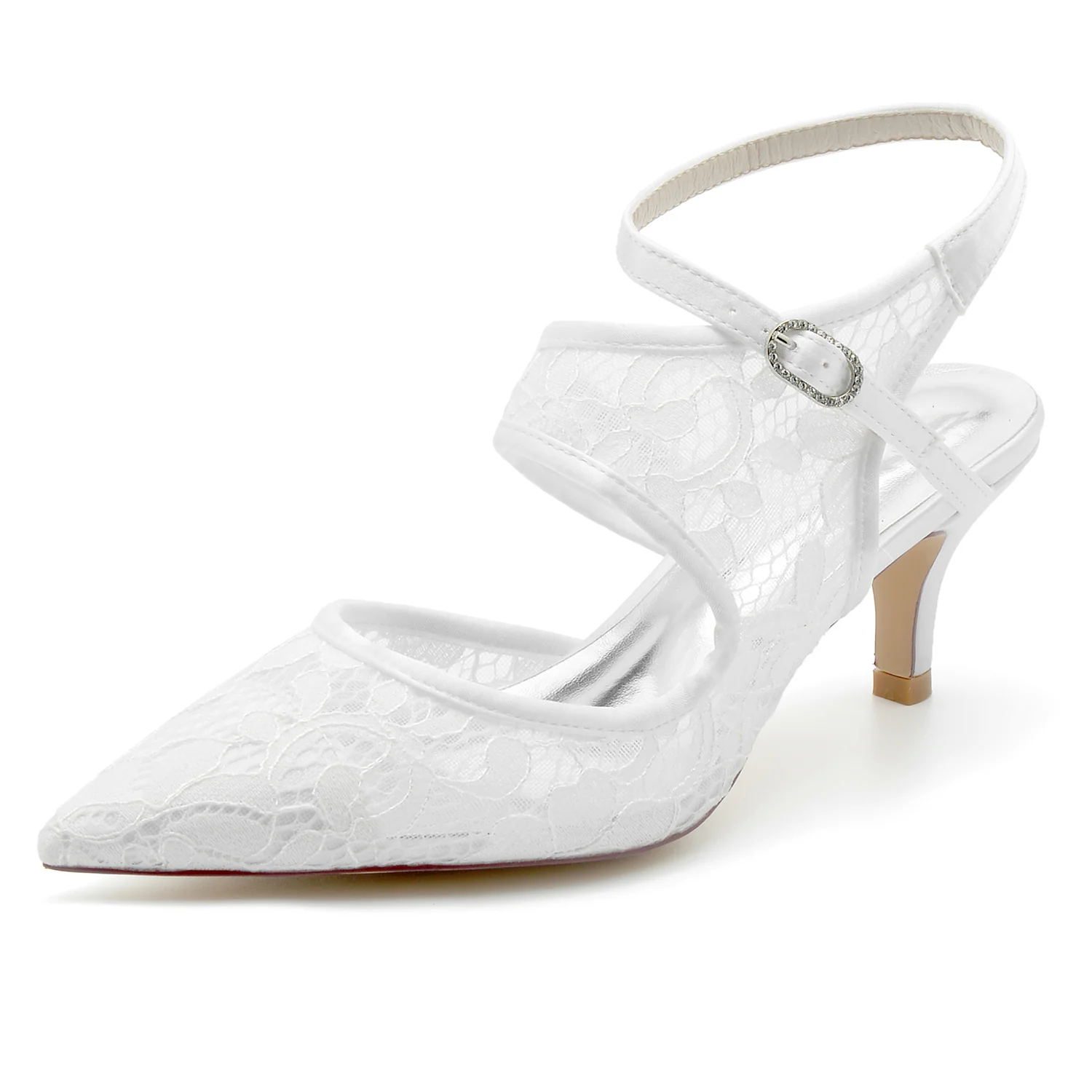 Women's Wedding Shoes Lace Mesh Mid Pointed Toe Buckle Bridal Shoes - Image 2