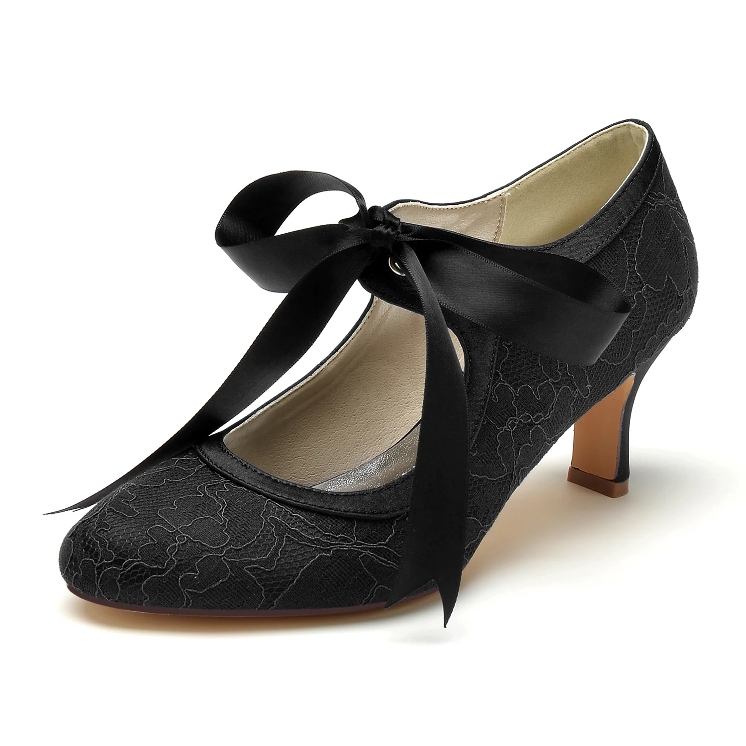 Women's Wedding Shoes Lace Mid Heel Round Closed Toe Bow Bridal Shoes - Image 8