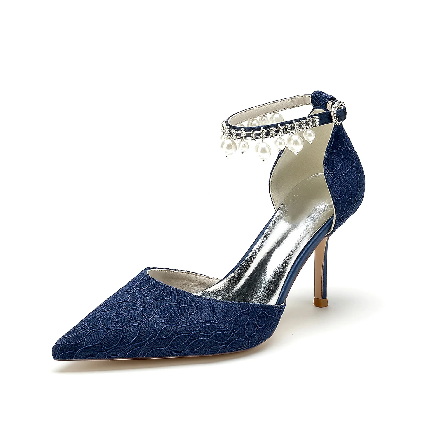 Women's Wedding Shoes Lace Peral Pointed Toe Stiletto Heel Buckle Bridal Shoes - Image 11