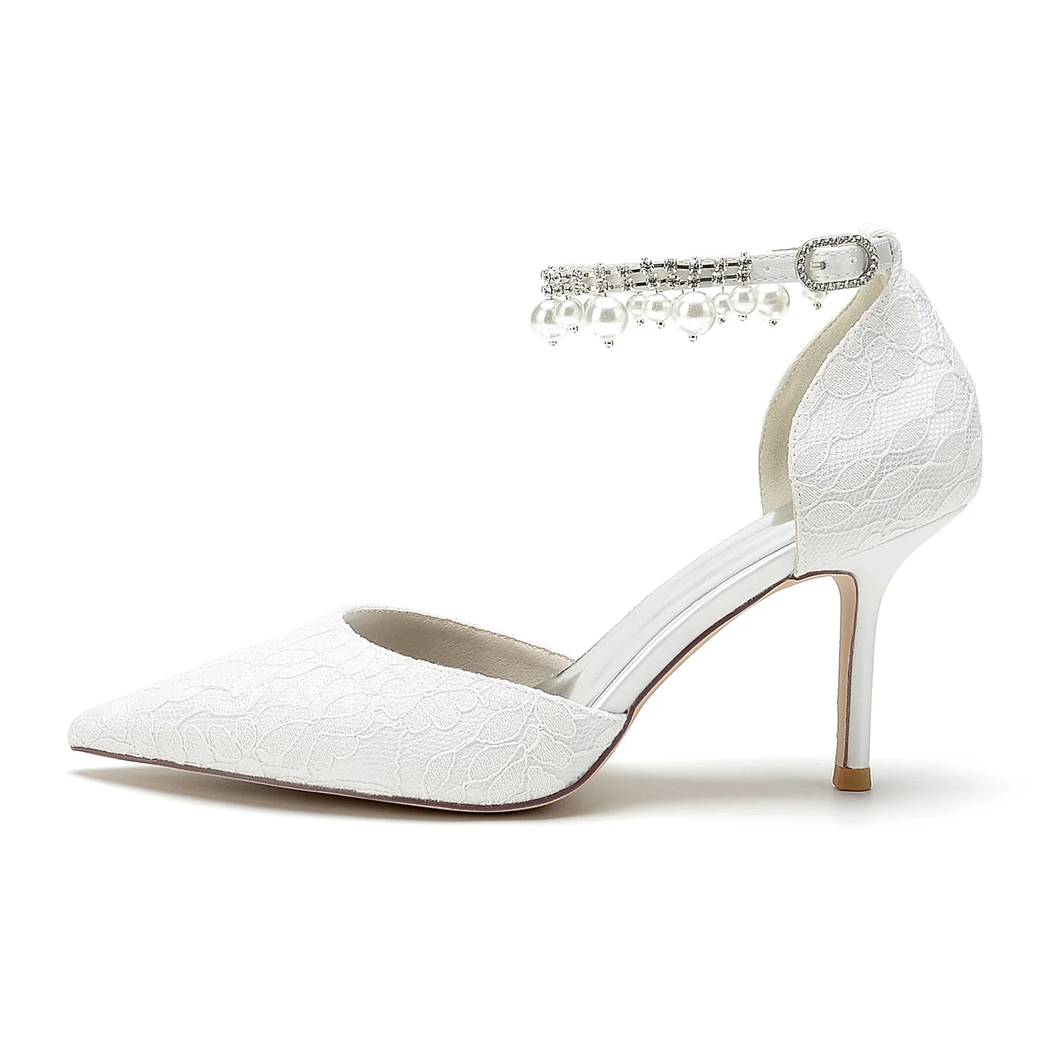 Women's Wedding Shoes Lace Peral Pointed Toe Stiletto Heel Buckle Bridal Shoes - Image 3