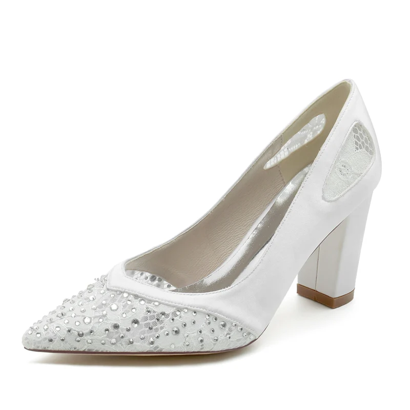 Women's Wedding Shoes Lace Pointed Toe Block Heel Bridal Shoes with Crystals