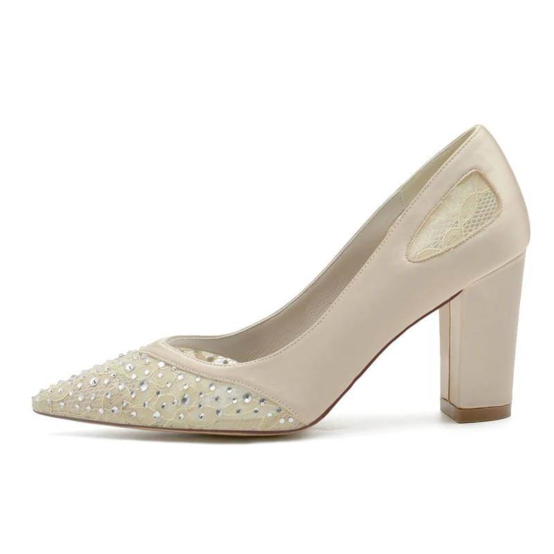 Women's Wedding Shoes Lace Pointed Toe Block Heel Bridal Shoes with Crystals - Image 3