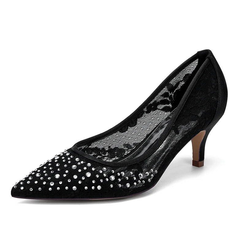 Women's Wedding Shoes Lace Pointed Toe Mid Heel Bridal Shoes with Crystals