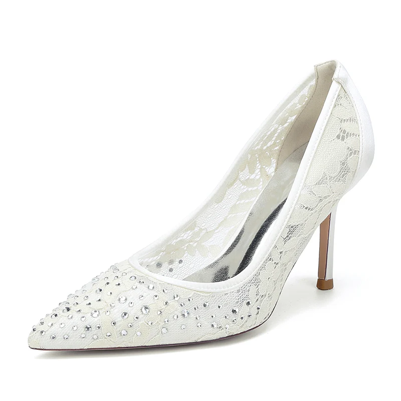 Women's Wedding Shoes Lace Pointed Toe Stiletto Heel Bridal Shoes with Crystals - Image 2