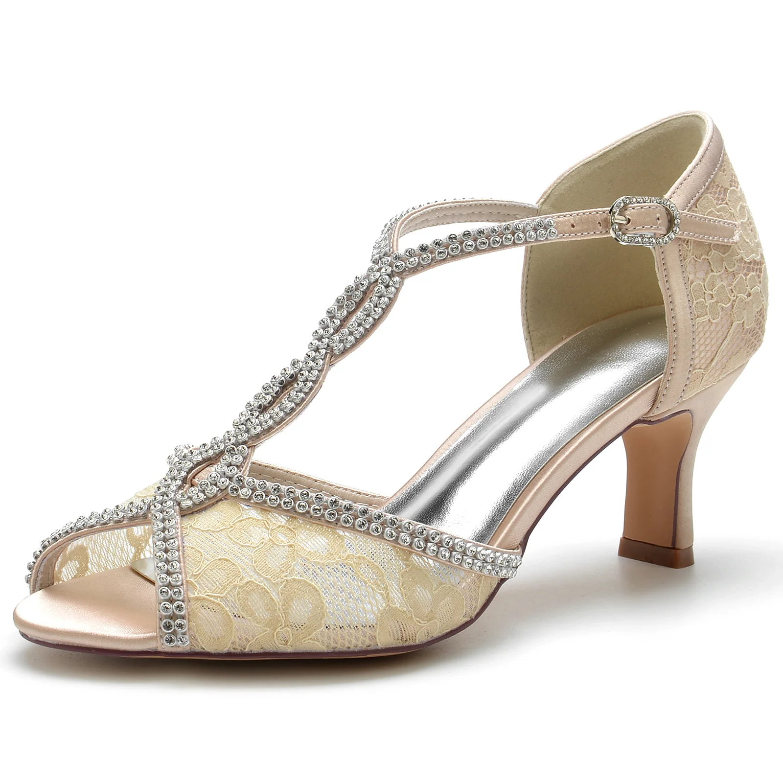 Women's Wedding Shoes Lacework Mini Crystal Strappy Mid Peep Toe Buckle Bridal Shoes - Image 10