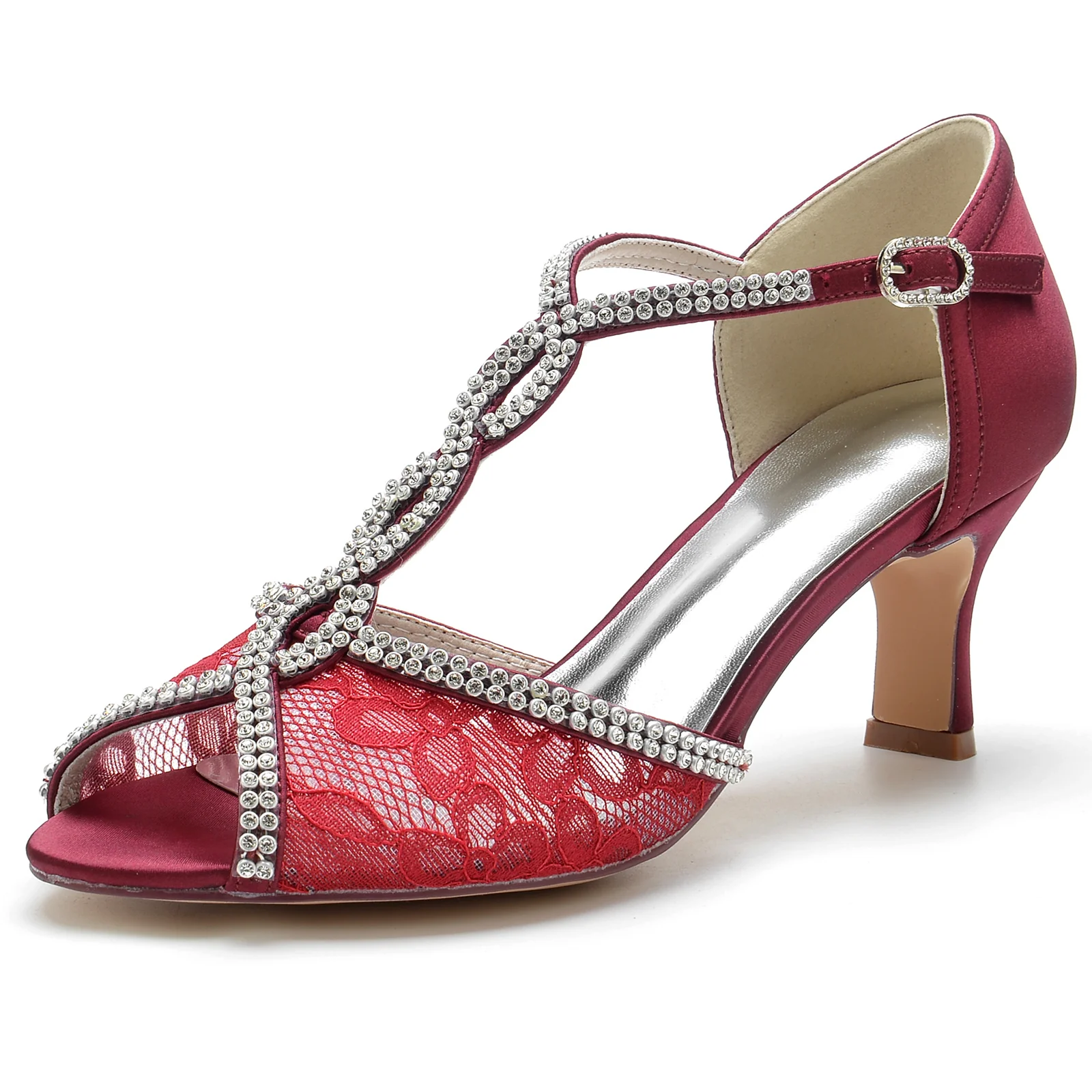 Women's Wedding Shoes Lacework Mini Crystal Strappy Mid Peep Toe Buckle Bridal Shoes - Image 9
