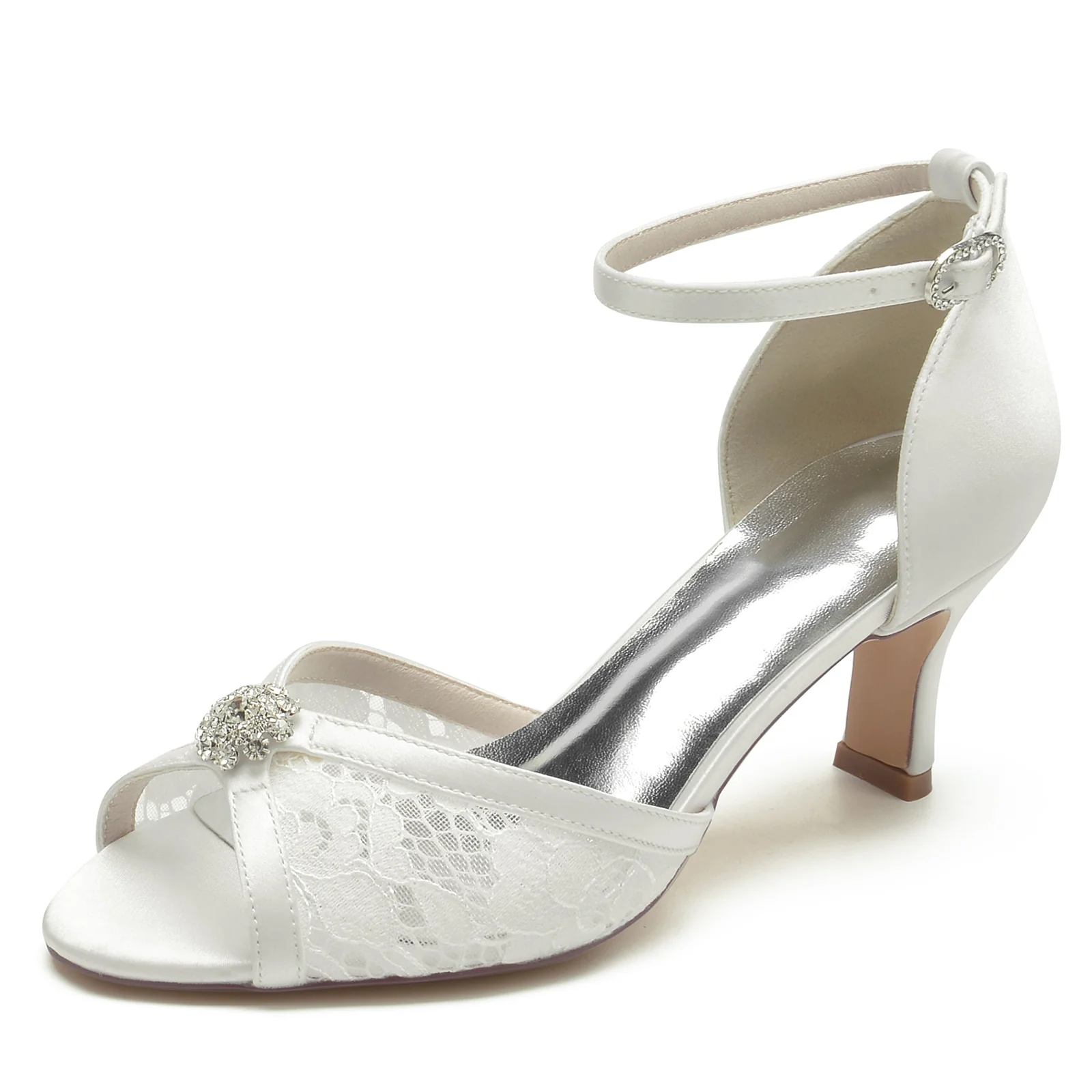 Women's Wedding Shoes Lacework Rhinestone Flower Mid Peep Toe Buckle Bridal Shoes - Image 6