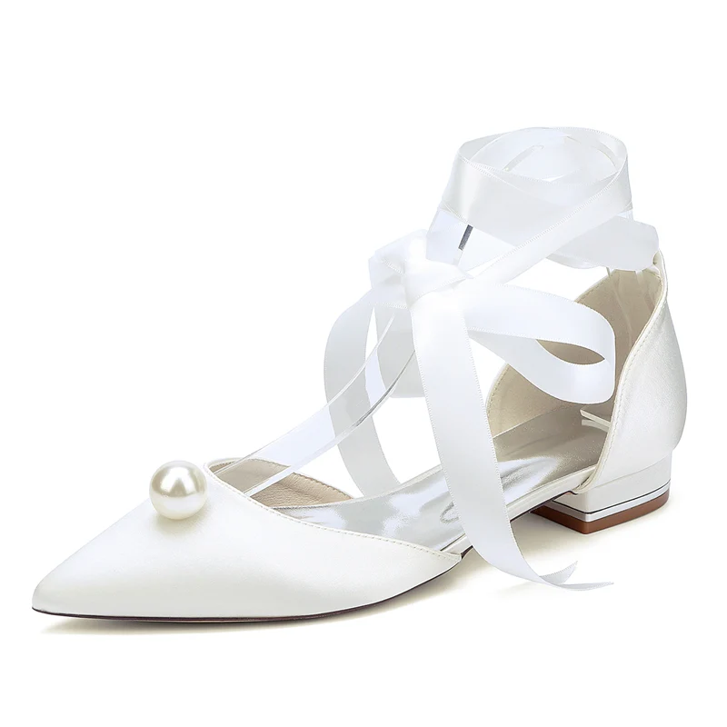 Women's Wedding Shoes Low Heel Pointed Toe Ankle Straps Bridal Shoes with Pearl - Image 10