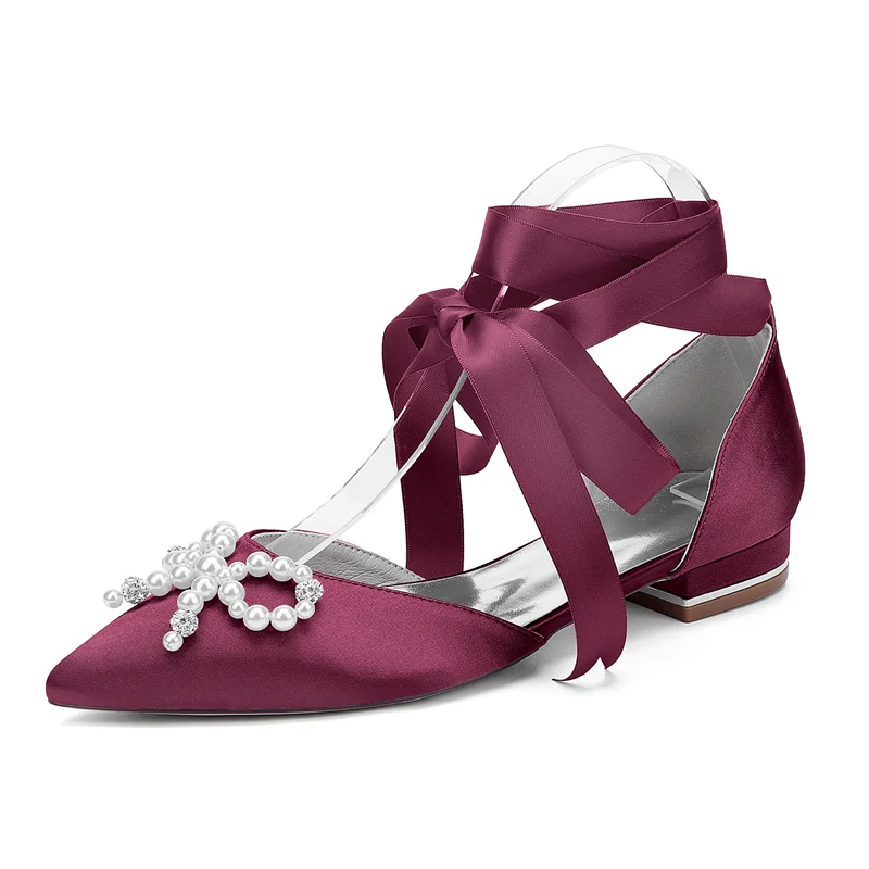 Women's Wedding Shoes Low Heel Pointed Toe Ankle Straps Bridal Shoes with Pearls & Rhinestones Bowknot - Image 10