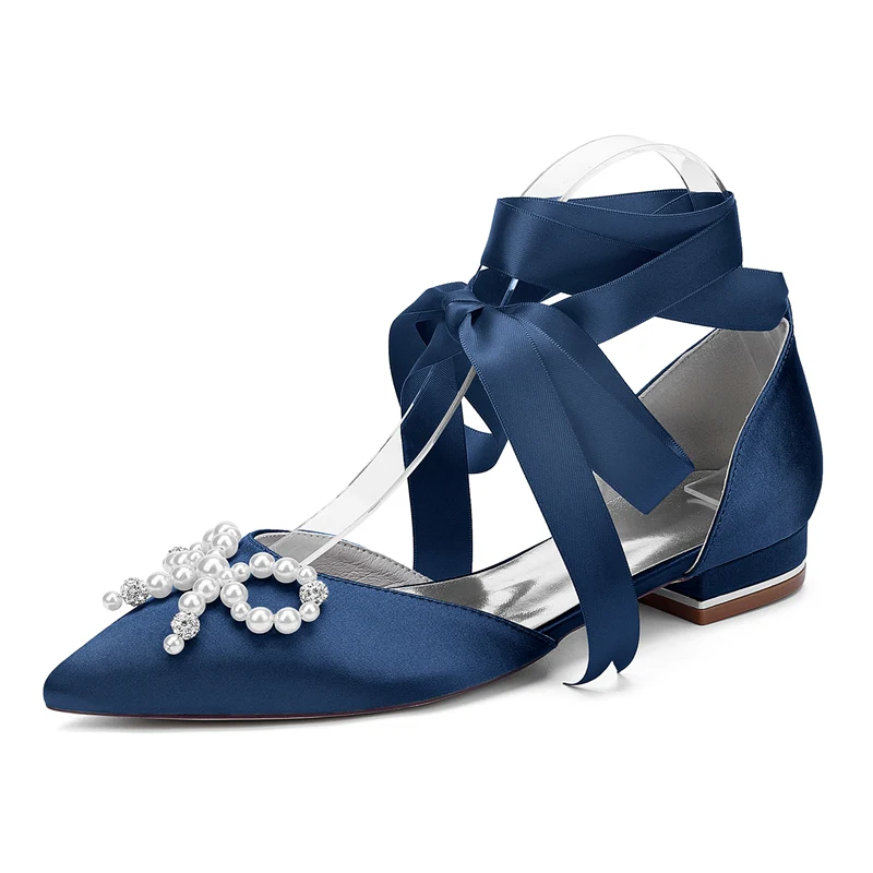 Women's Wedding Shoes Low Heel Pointed Toe Ankle Straps Bridal Shoes with Pearls & Rhinestones Bowknot - Image 7