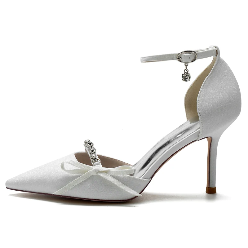 Women's Wedding Shoes Luxurious Pointed Toe Buckle Bridal Shoes with Rhinestone & Bow Knot - Image 3