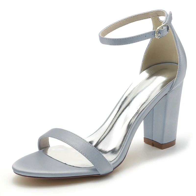 Women's Wedding Shoes Open Toe High Block Heel Simple Buckle Bridal Shoes - Image 10