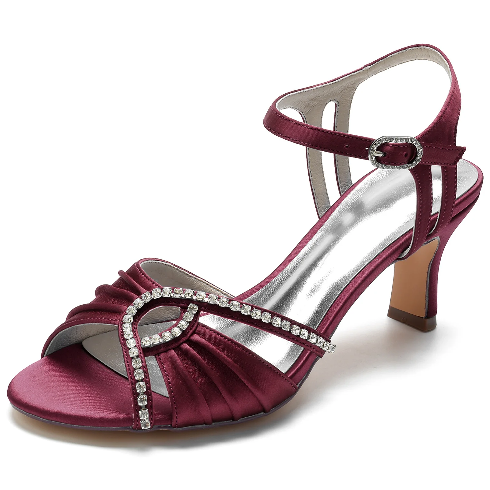 Women's Wedding Shoes Open Toe Ruffle Rhinestone Buckle Mid Heel Bridal Shoes - Image 12