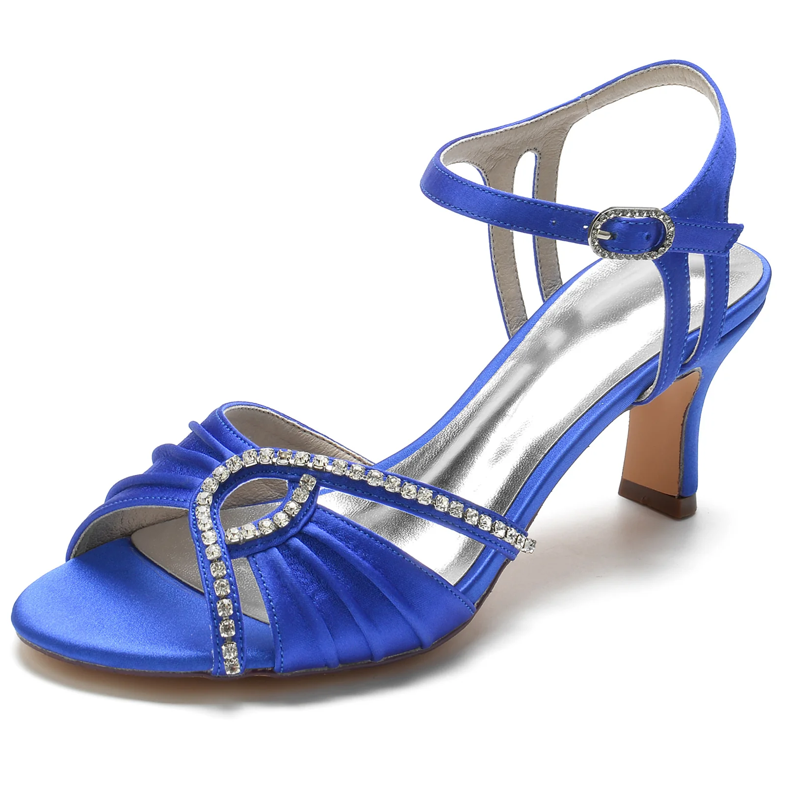 Women's Wedding Shoes Open Toe Ruffle Rhinestone Buckle Mid Heel Bridal Shoes - Image 3